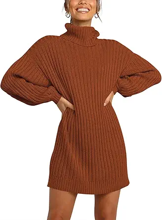 LOGENE Women's Sweater Dress Turtleneck Long Balloon Sleeve Ribbed Knit Oversized Pullover Dresses