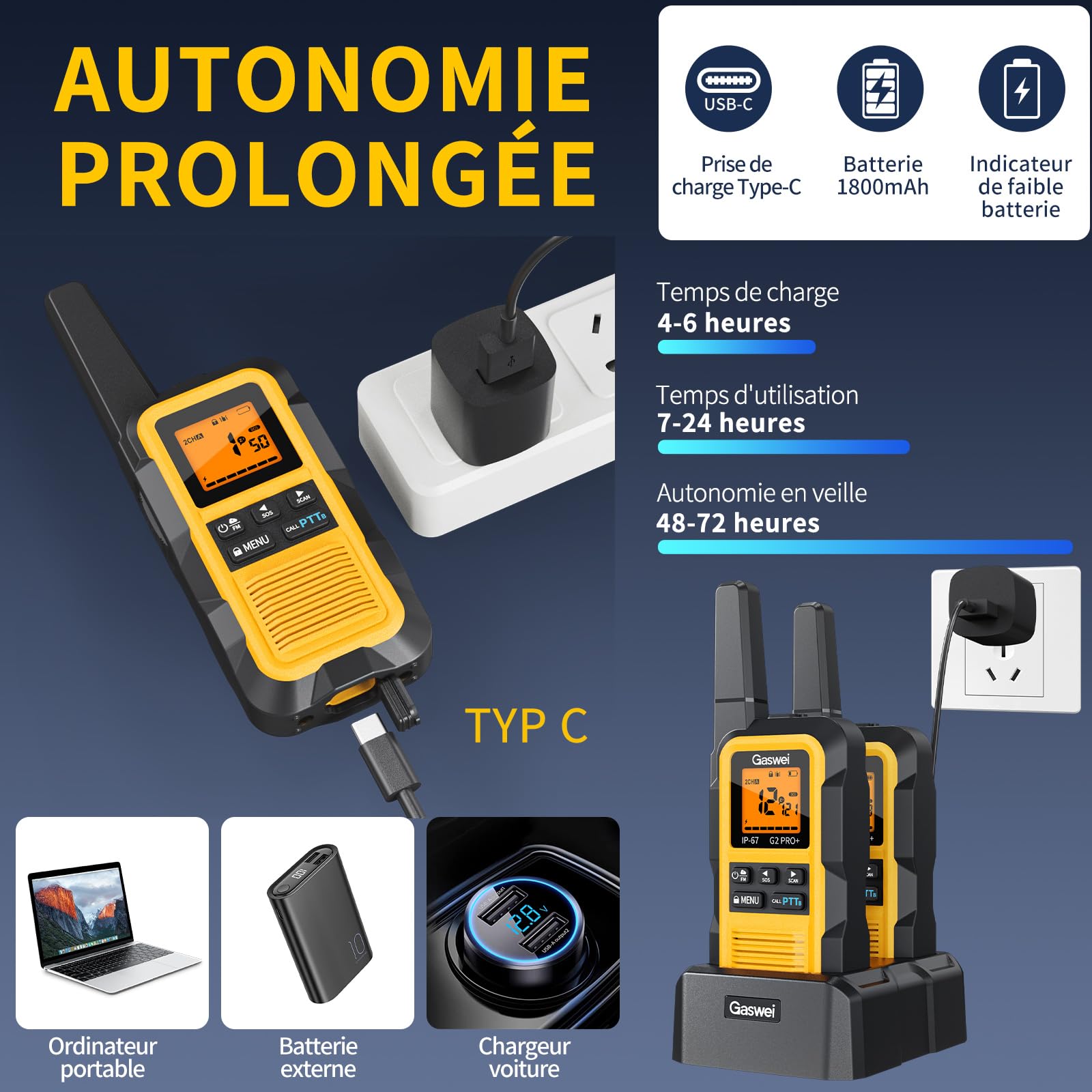 GASWEI G2Pro Talkie walkie Professionnel Étanches IP67 [Lot de 2] -PMR446 Talkie walkie Longue portée,Double PTT,VOX,Fonction SOS & Alerte,Radio FM,USB Chargeur et 1800 mAh Batterie (Gelb)