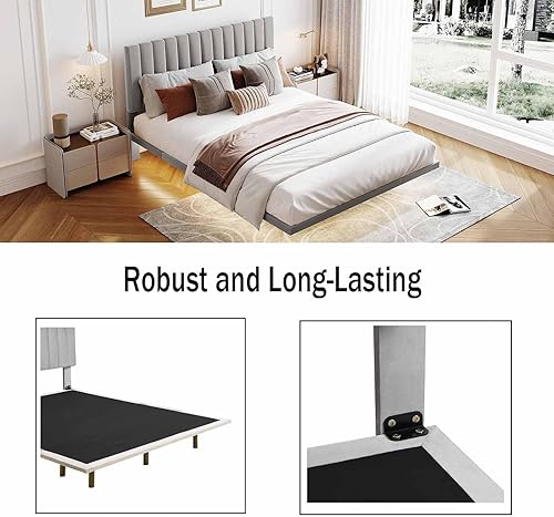 Miniatura 6 de Base de cama flotante Queen con luz LED  cabecero, base de cama moderna de tela de terciopelo, base de colchón, soporte de listones de madera, no