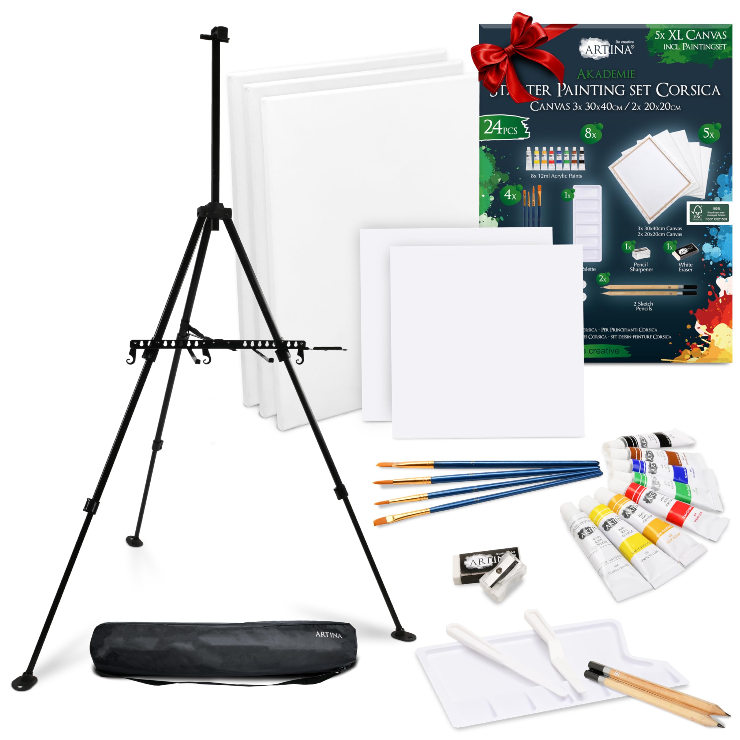 Artina Kit de pintura 24 piezas con caballete de aluminio plegable Paris | 5 lienzos set acrílicos pinceles y bastidor para iniciación y artistas aficionados portátil Córcega colores acrilica Corsica