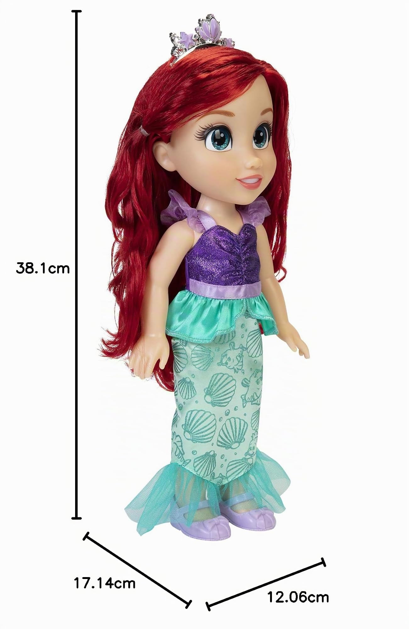 Disney Princess Arielle Puppe 35cm, reflektierende Glitzeraugen, bewegliche Gelenke, ausziehbares Outfit, Schuhe, Diadem, langes rotes Haar, für Mädchen ab 3 Jahren