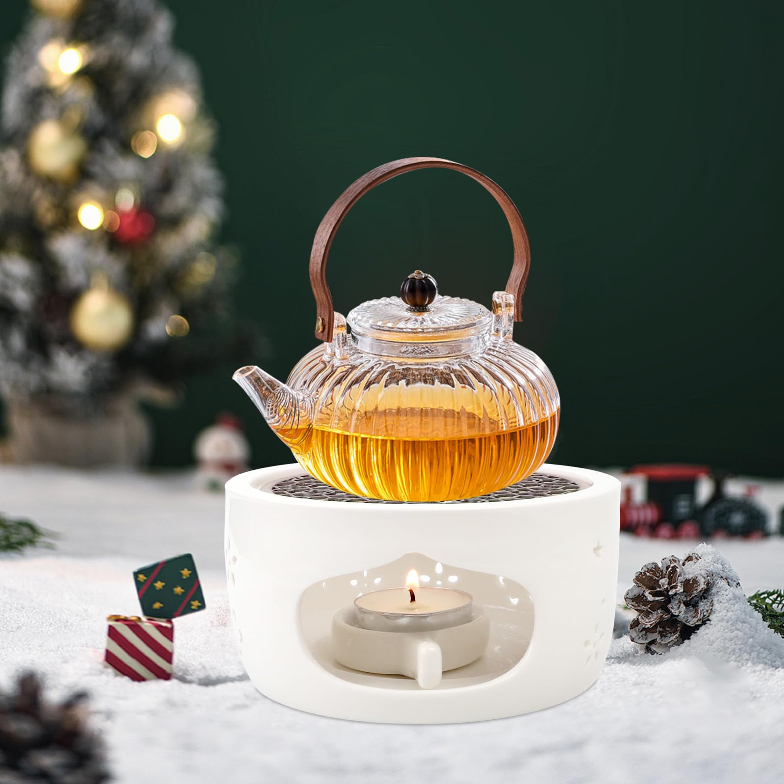 Calentador de Tetera de Porcelana con Cojín de Corcho y Cuchara, Base Tallada Hueca