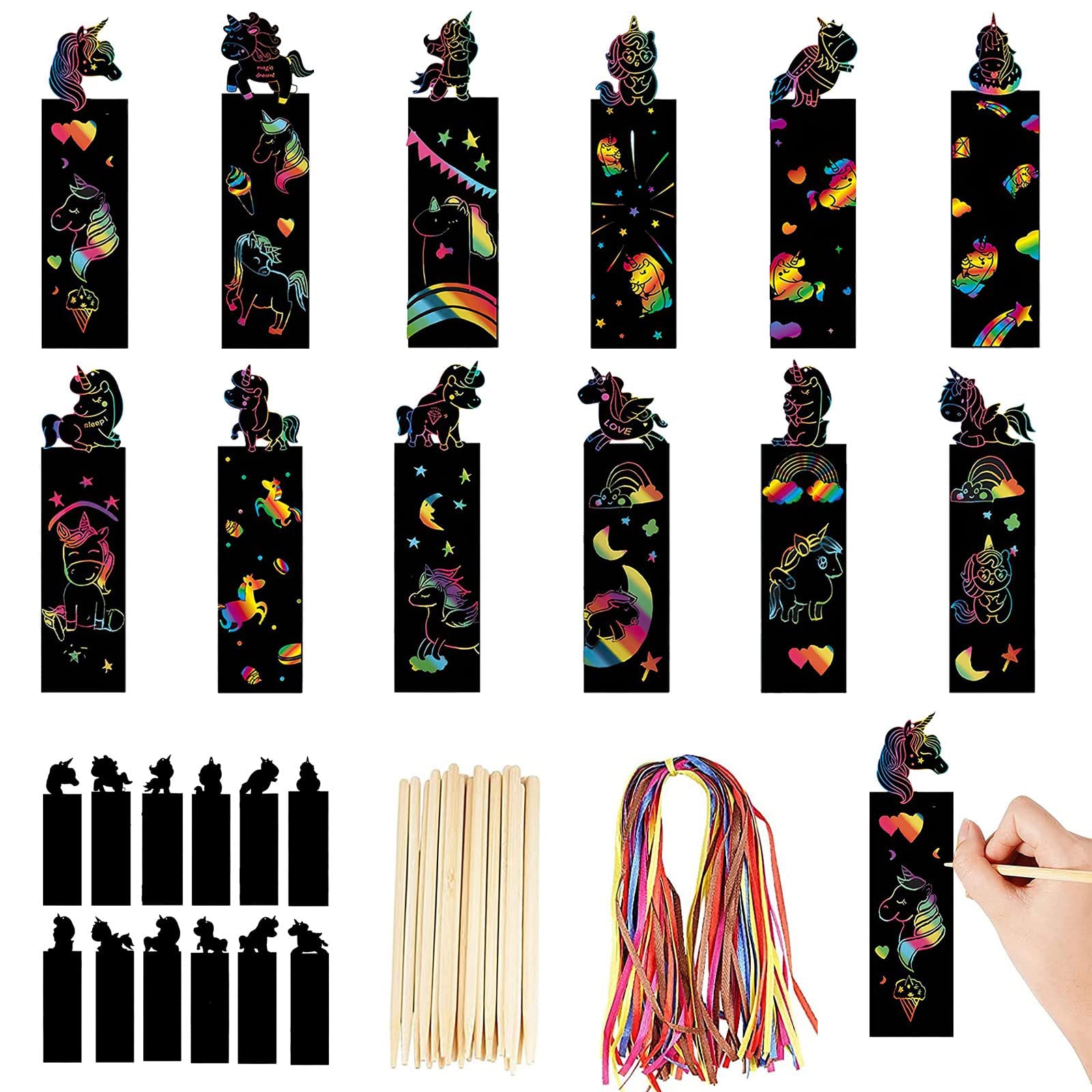 Scratch Art Bookmarks, 60 Sets Magic Scratch Bookmark Papers with Pens and Ribbon Animals Scratch Art Kit DIY Gift Tags for Kids Students Party Favors Treats Bags, A
