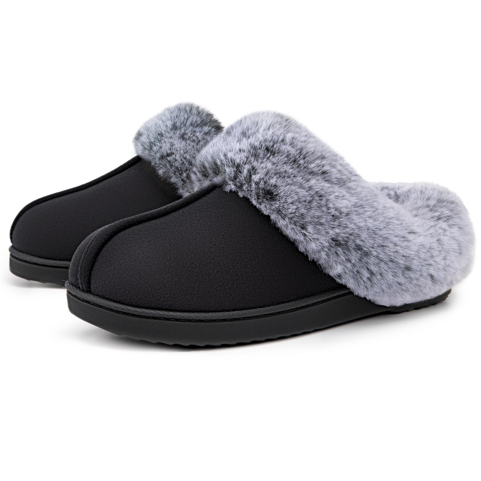 Women's Classic Suede Memory Foam Slippers Anti-Skid Scuff with Warm Faux Fur Collar