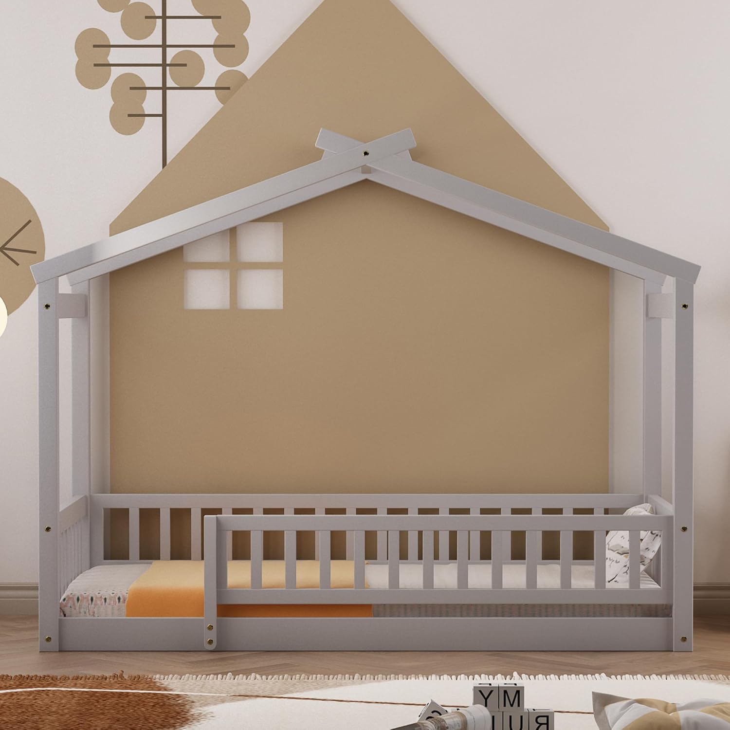 Harper & Bright Designs Twin Size Montessori Bed, Floor Bed for Kids with Fence Railing, Wood Twin Bed Frames for Kids Girls Boys,No Box Spring Needed, Grey