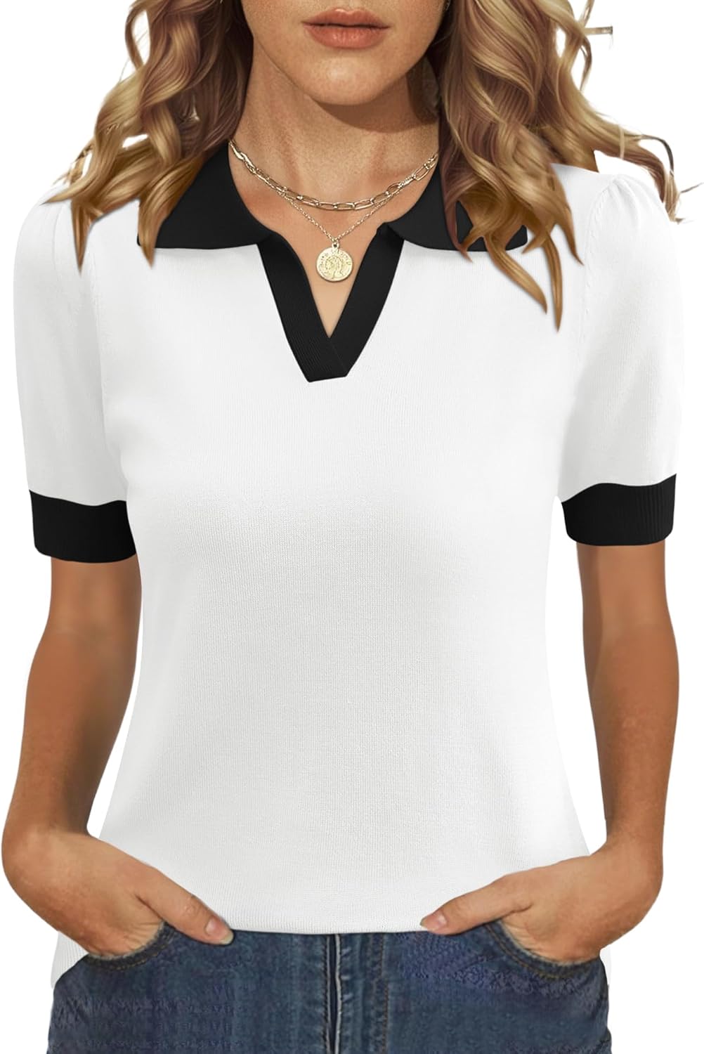 LOMON Womens Puff Short Sleeve Polo Sweater V Neck Knitted Tops Casual Ribbed Shirt Pullover Blouse