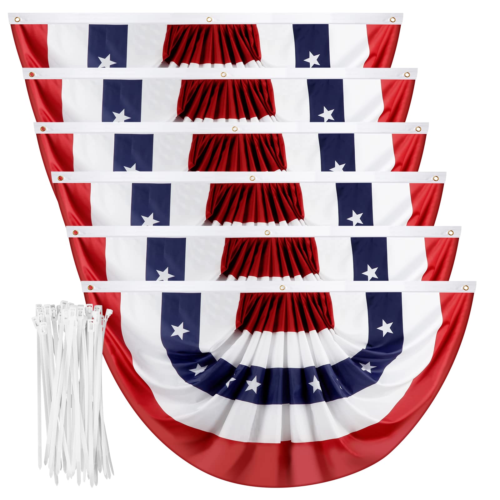 1.5x3 Feet American Pleated Fan Bunting - USA Patriotic Half Fan Flags for 4th of July Memorial Day Indoor Outdoor Decoration (6 Pack) - with Brass Grommets and Zip Ties