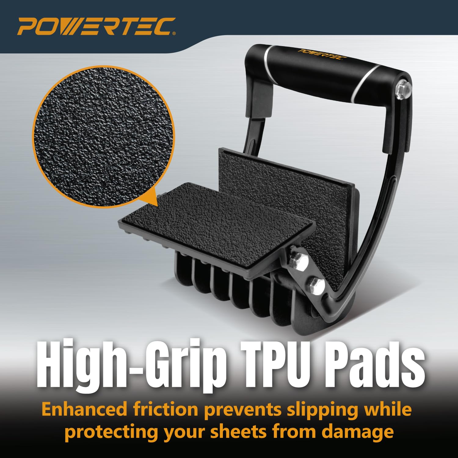 POWERTEC Supporto per pannelli in compensato e cartongesso, strumento di sollevamento ergonomico con una sola mano con capacità di 45,4 kg, resistente morsetto autoregolante per fogli fino a 2,5 cm di