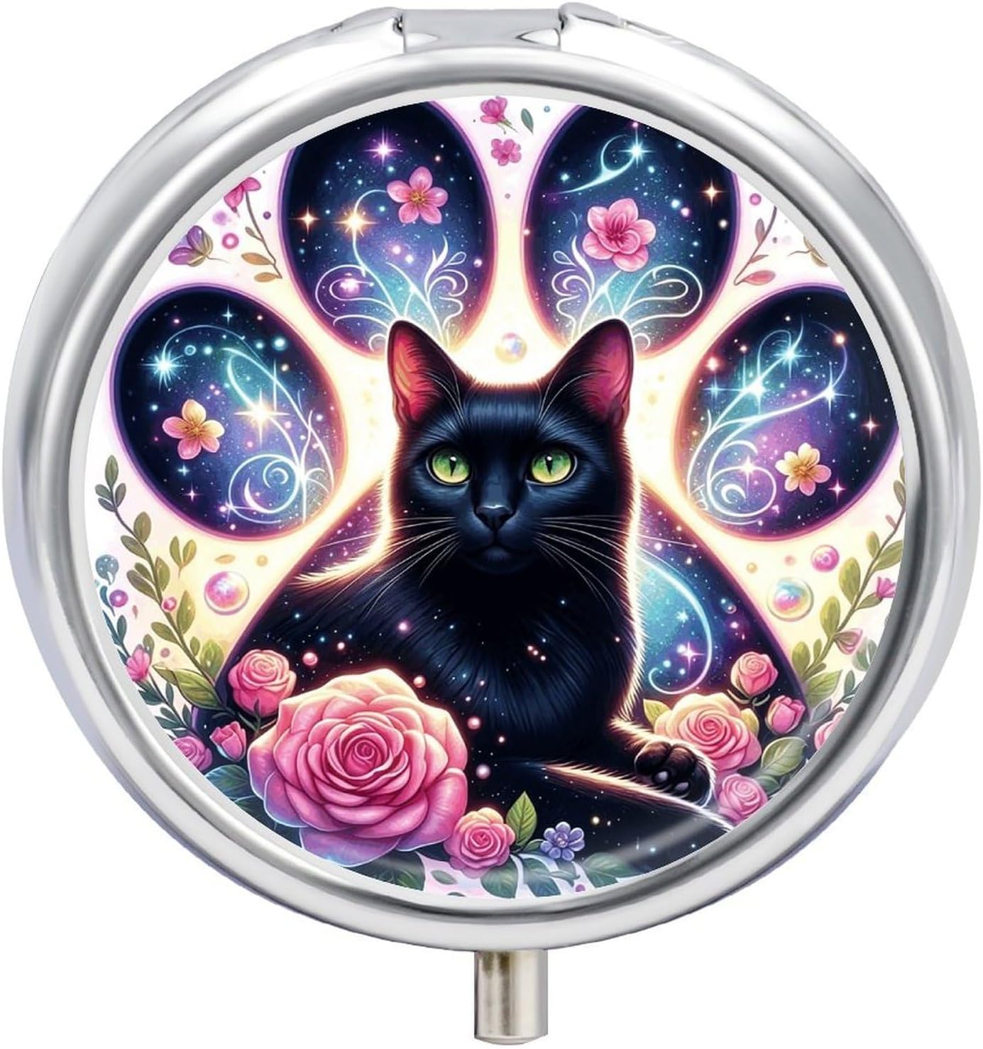 Black Cat Round Pill Box with 3 Compartments & Mirror
