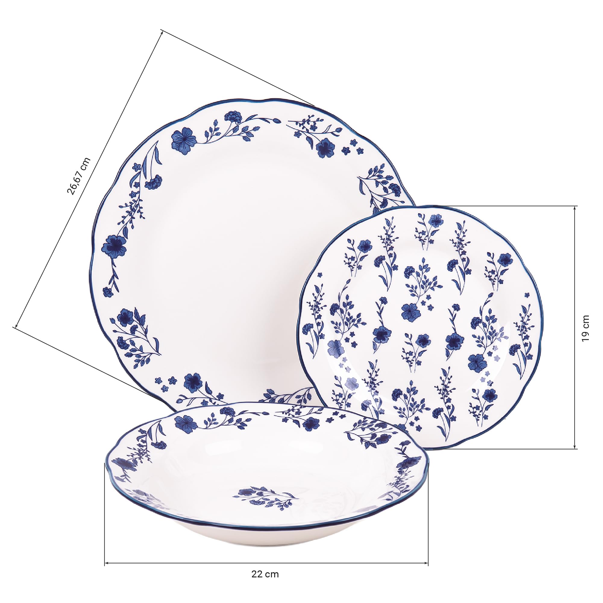 Cofan Servizio da tavola in porcellana smaltata | Set da 18 pezzi | motivo floreale blu e bianco | Lavabile in lavastoviglie, forno a microonde e forno