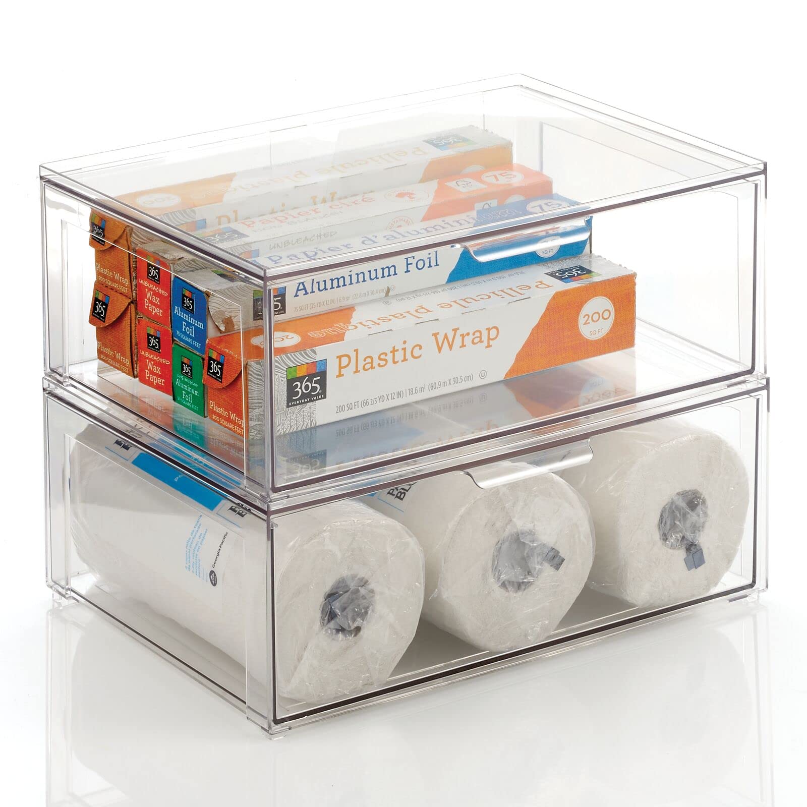 mDesign Plastic Stackable Kitchen Storage Organizer Bin Containers with Front Pull Drawer for Cabinet, Pantry, Fridge, Freezer, Shelf, Refrigerator Organization - Lumiere Collection - 2 Pack - Clear
