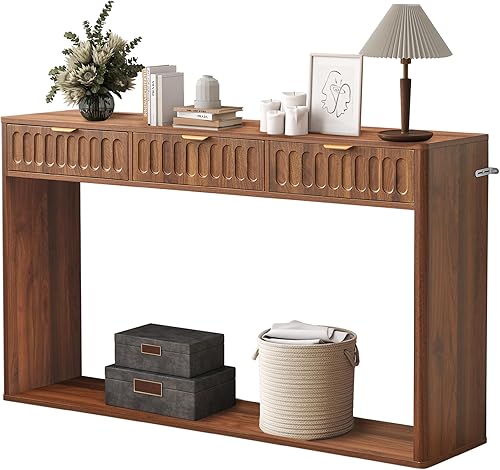 Mesa de sofá moderna de mediados de siglo de 51.18 pulgadas detrás del sofá, mesa consola estrecha con almacenamiento, mesa consola de TV con