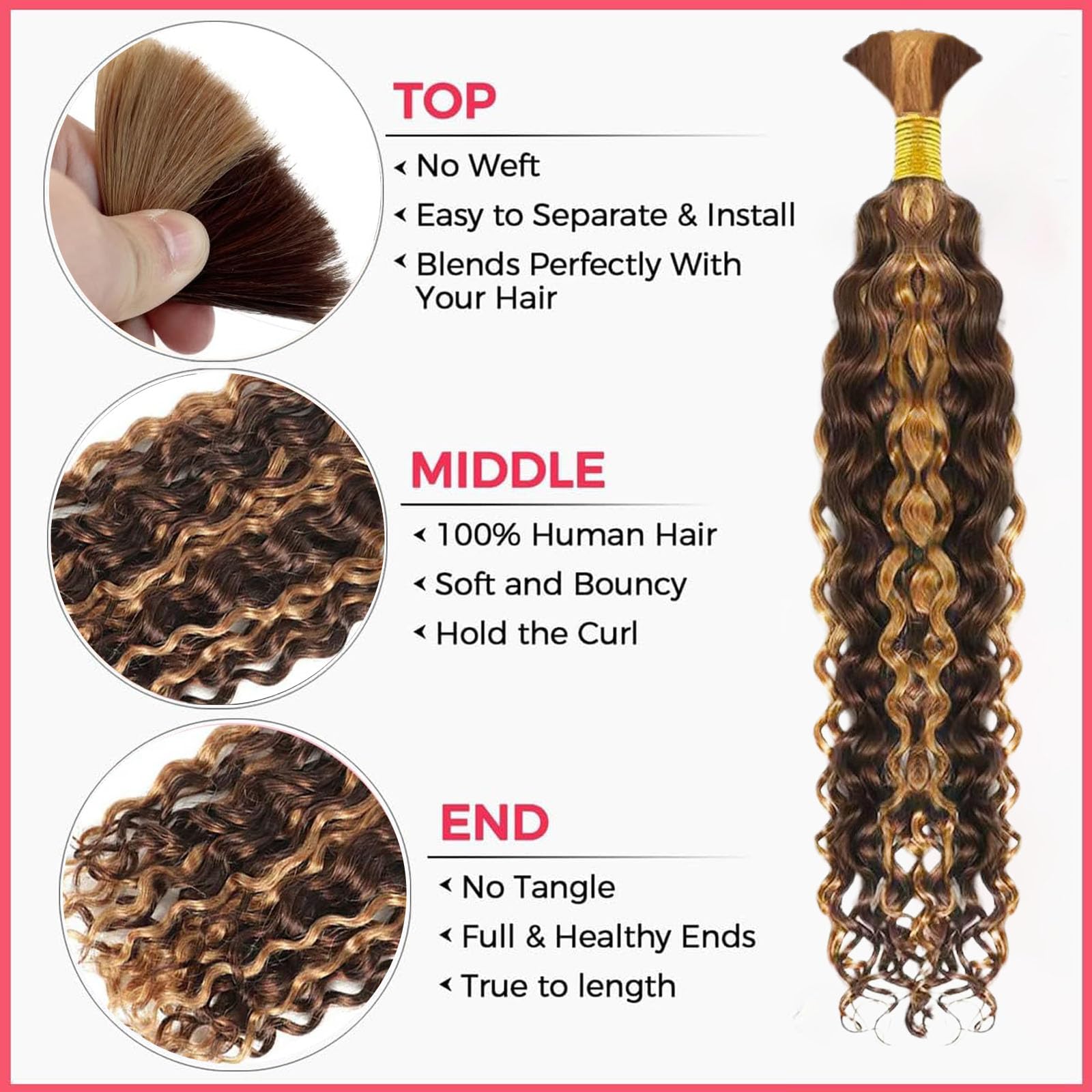 Highlight P4/27 Human Braiding Hair 1 Bundle Water Wave Bulk Human Hair for Braiding 100% Unprocessed Brazilian Human Hair No Weft Human Hair Extensions for Boho Braids (20 inch/50g) - Image 2