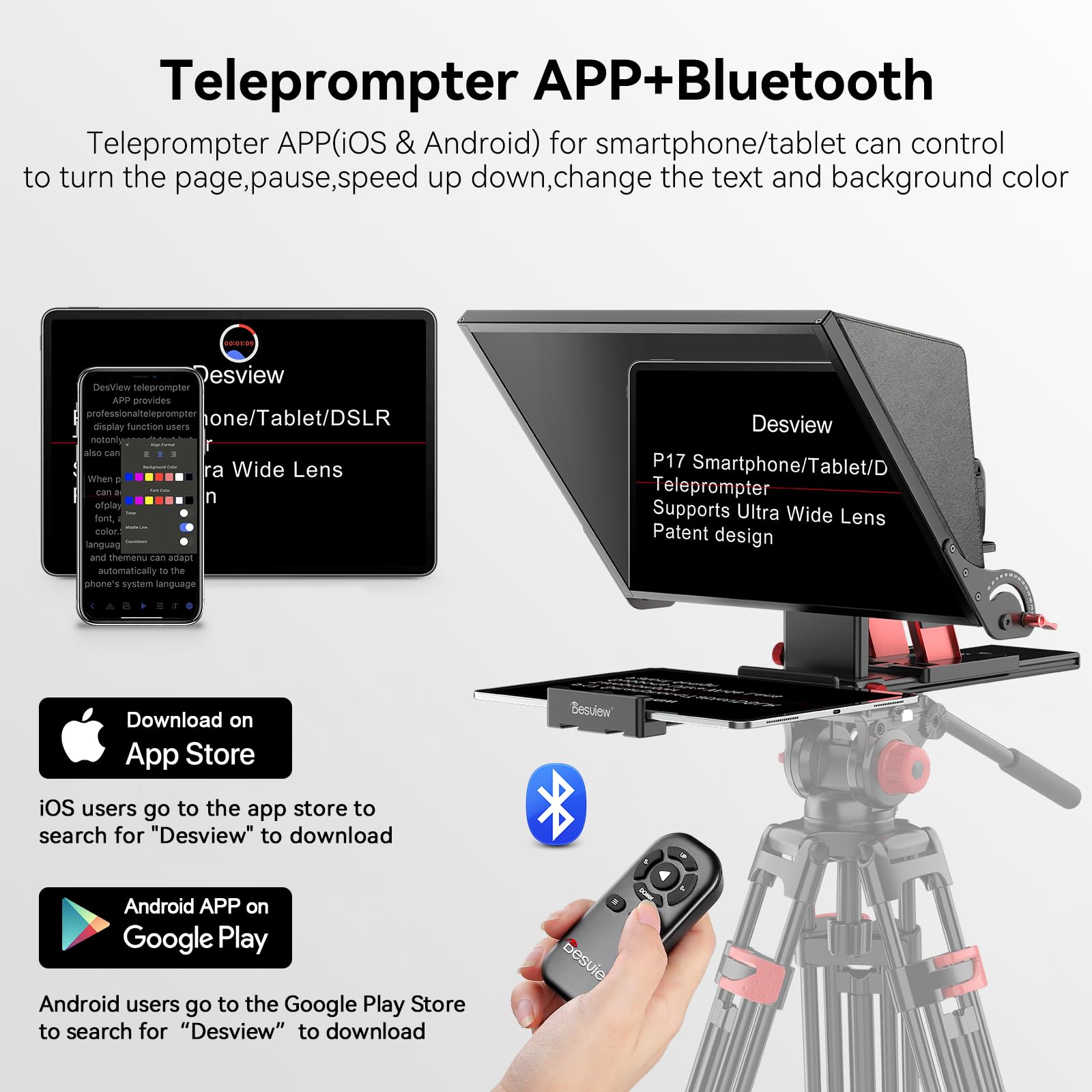 Desview P17 17 Zoll Teleprompter aus Aluminium für iPad/Tablet/DSLR-Kamera mit Fernbedienung, Tragetasche, App kompatibel mit iOS/Android für Online-Unterricht/Vlogging/Selfie Live