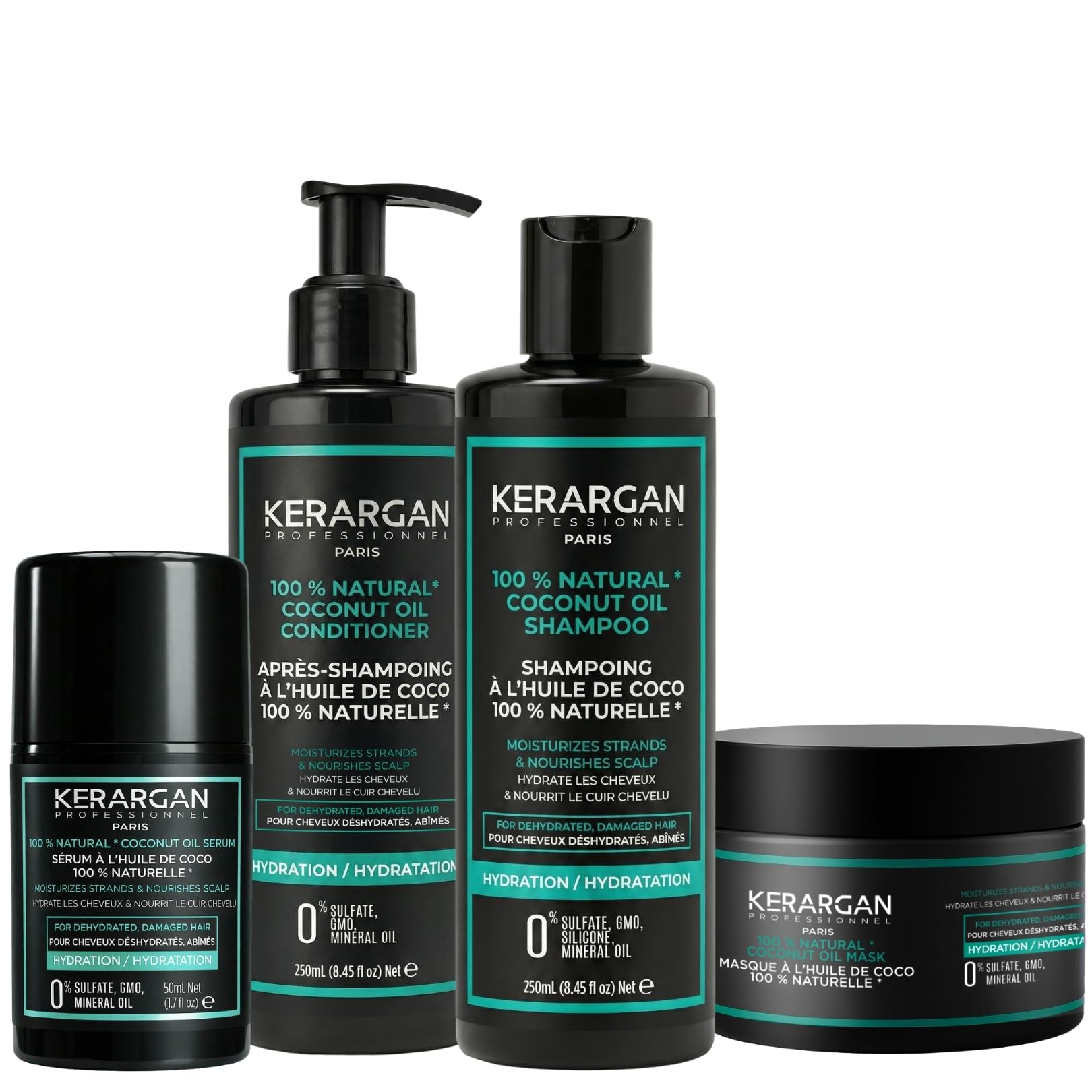 KERARGAN - Routine Coco 4 Soins Hydratants Cheveux Secs - 3x250ml+50ml | Shampoing, après-shampoing, masque et sérum, routine complète pour hydrater, nourrir et lisser les frisottis