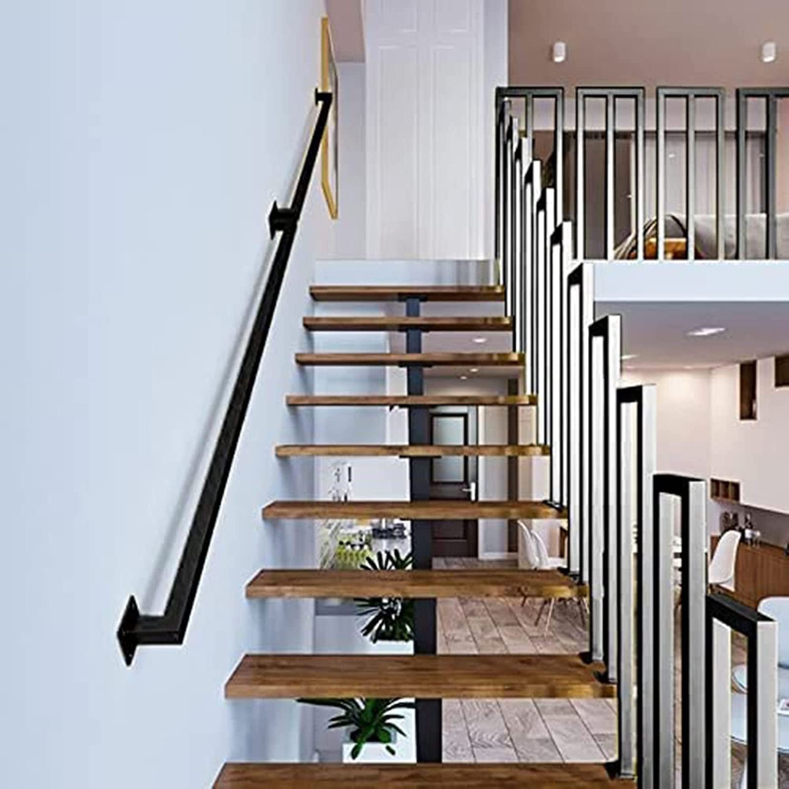 Rampe d'escalier en fer forgé | Balustrade murale métallique au design industriel carré