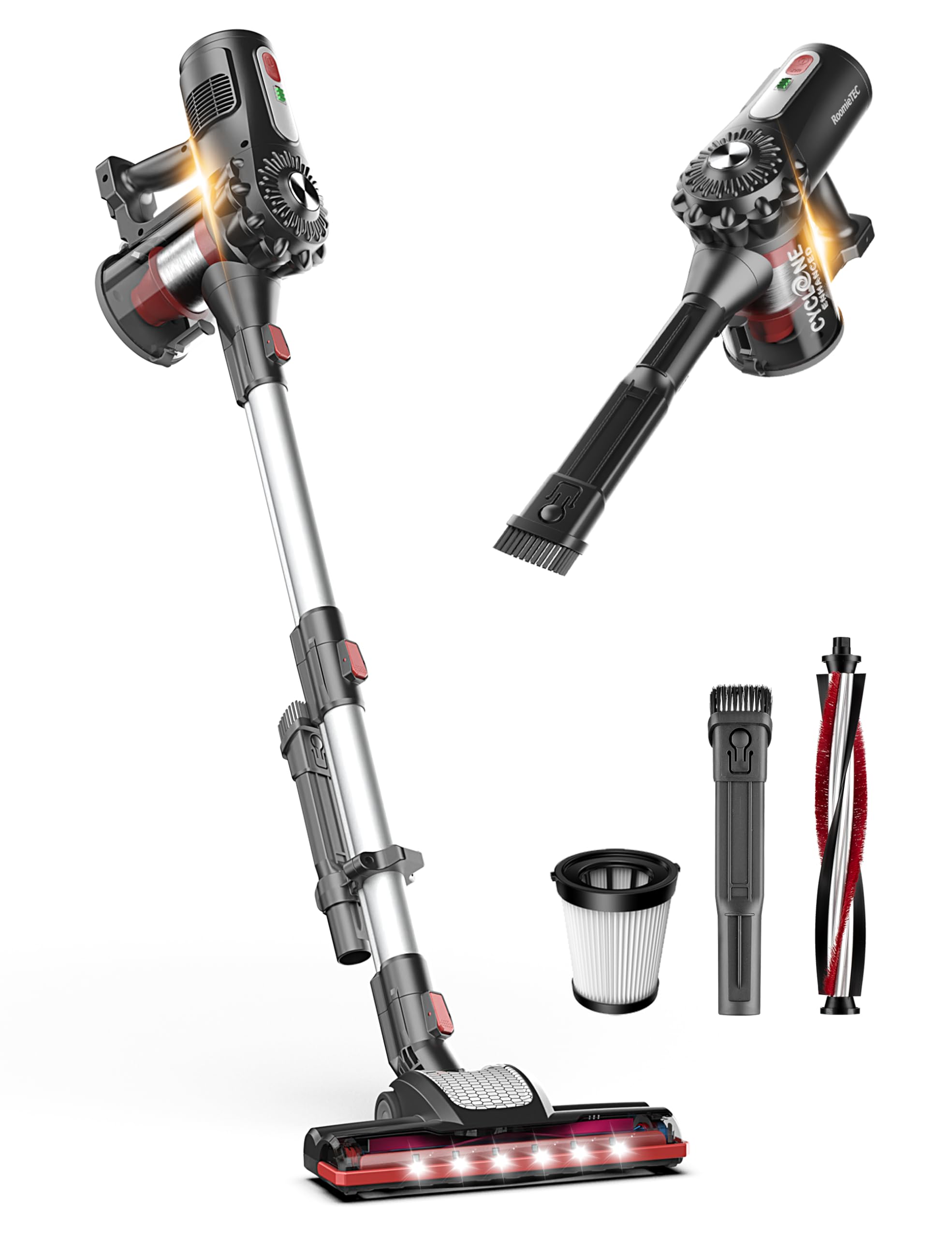 Roomie Tec StickVac Cordless Vacuum Cleaner for Home – 2200mAh Battery, High Suction Power, Lightweight & Self-Standing Design, with HEPA Filter and LED Lights - for Floors, Cars & Dorm Cleaning