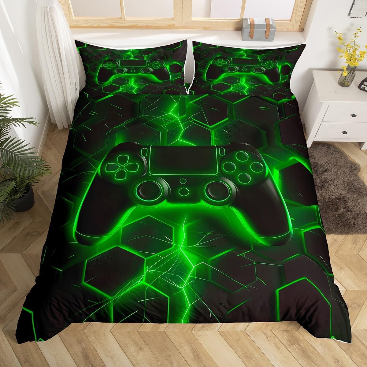 Loussiesd Gaming Duvet Cover Set Honeycomb Gamepad Bedding Set for Kids Boys Teens Tie Dye Lightnings Video Game Comforter Cover Green Gamer Quilt Cover Bedroom Collection 2Pcs Single Size