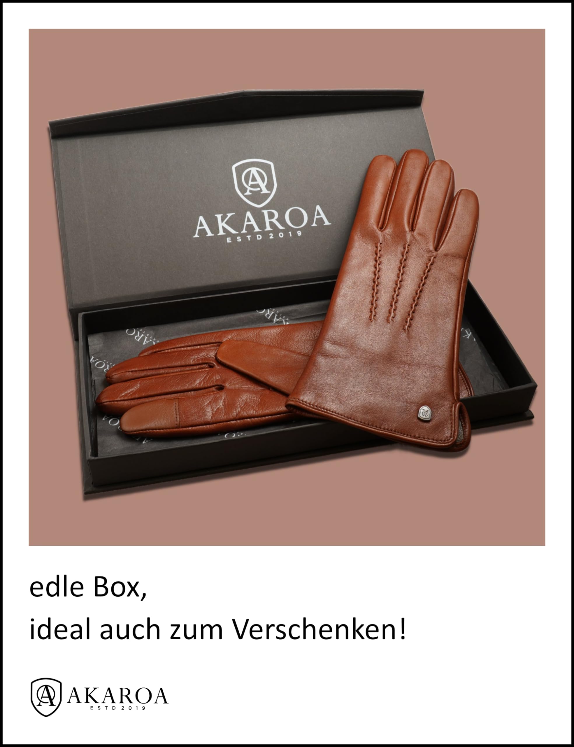 AKAROA ESTD 2019 Gants en cuir pour femme ANN, fonction tactile, cuir italien, doublure tricotée recyclée, 50 % cachemire et 50 % laine, 4 tailles S à XL