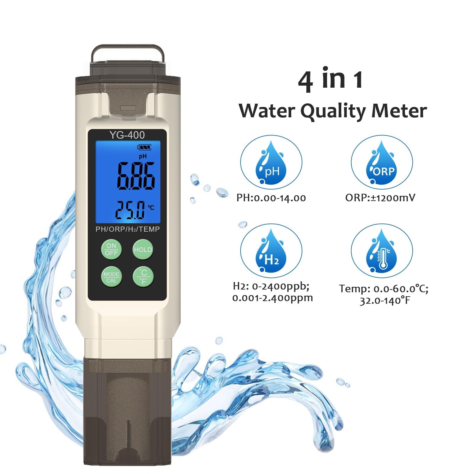 Misuratore Digitale 4 in 1 di PH, ORP, Temperatura, H2, ppm, ppb, idrogeno disciolto, Tester for Acqua Potabile, Acquario, Piscina