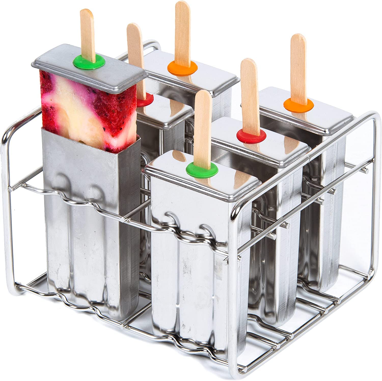 Yuniverse Stainless Steel Popsicle Maker. Kids Easy Popsicles Molds Set. 6 BPA Free Square Edge Popsicle Molds + Ice Pop Mold Tray & Leak-Proof Silicone Seals. Fast Freezing Ice Cream Popsicle Makers