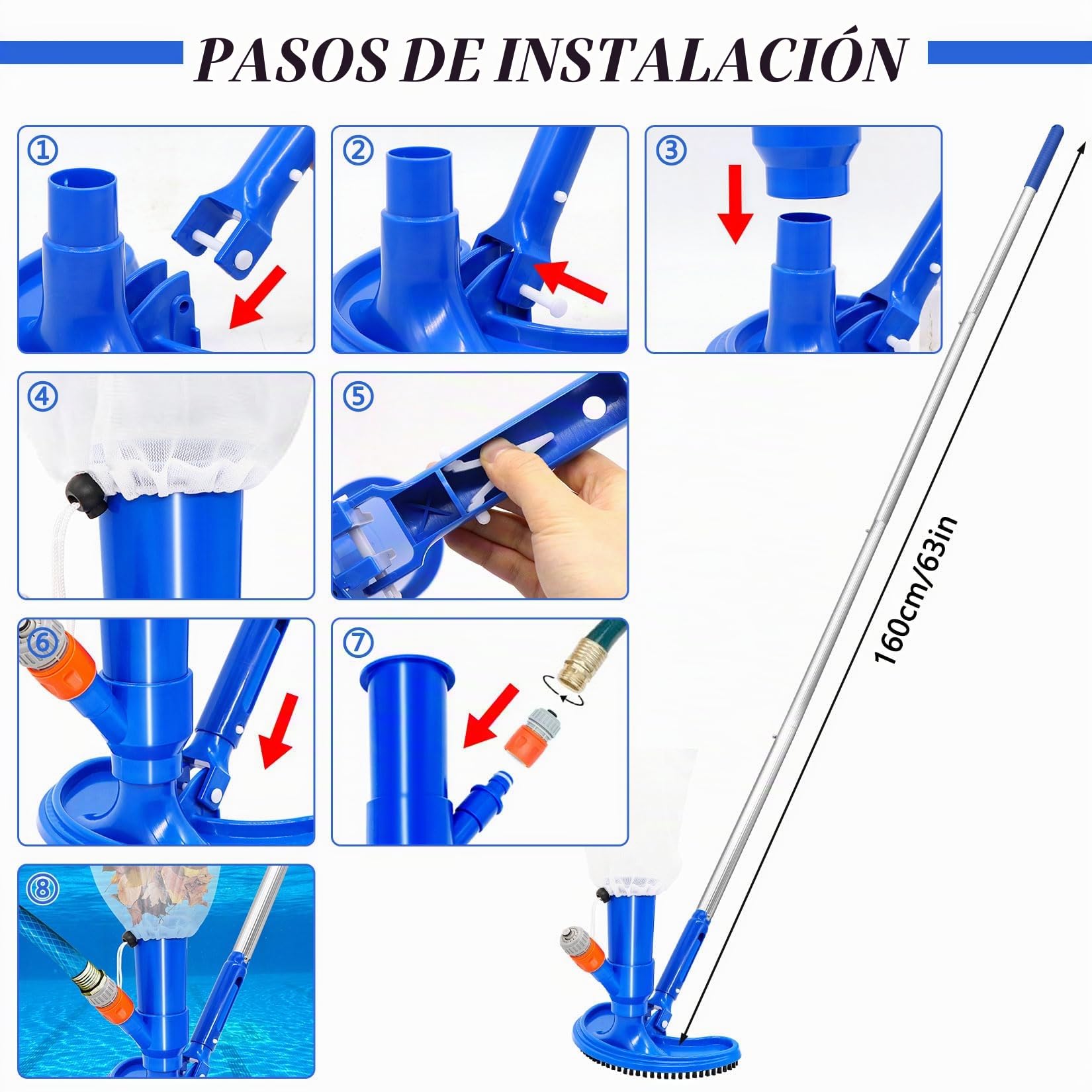 Aspirador de piscina XL, con cepillo curvado ampliado, 4 barras de aluminio extendidas y reforzadas, juego de limpieza para piscina