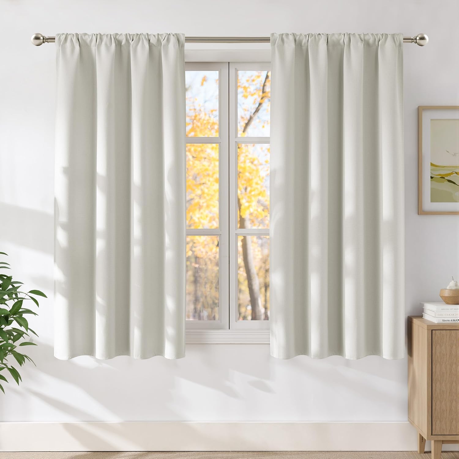 NICETOWN Natural Faux Linen Room Darkening Rod Pocket Curtains 63 inch Length, W42 x L63, Light Blocking Thermal Insulated Noise Reducing Drapes for Bedroom Living Room Farmhouse Decor, 2 Panels