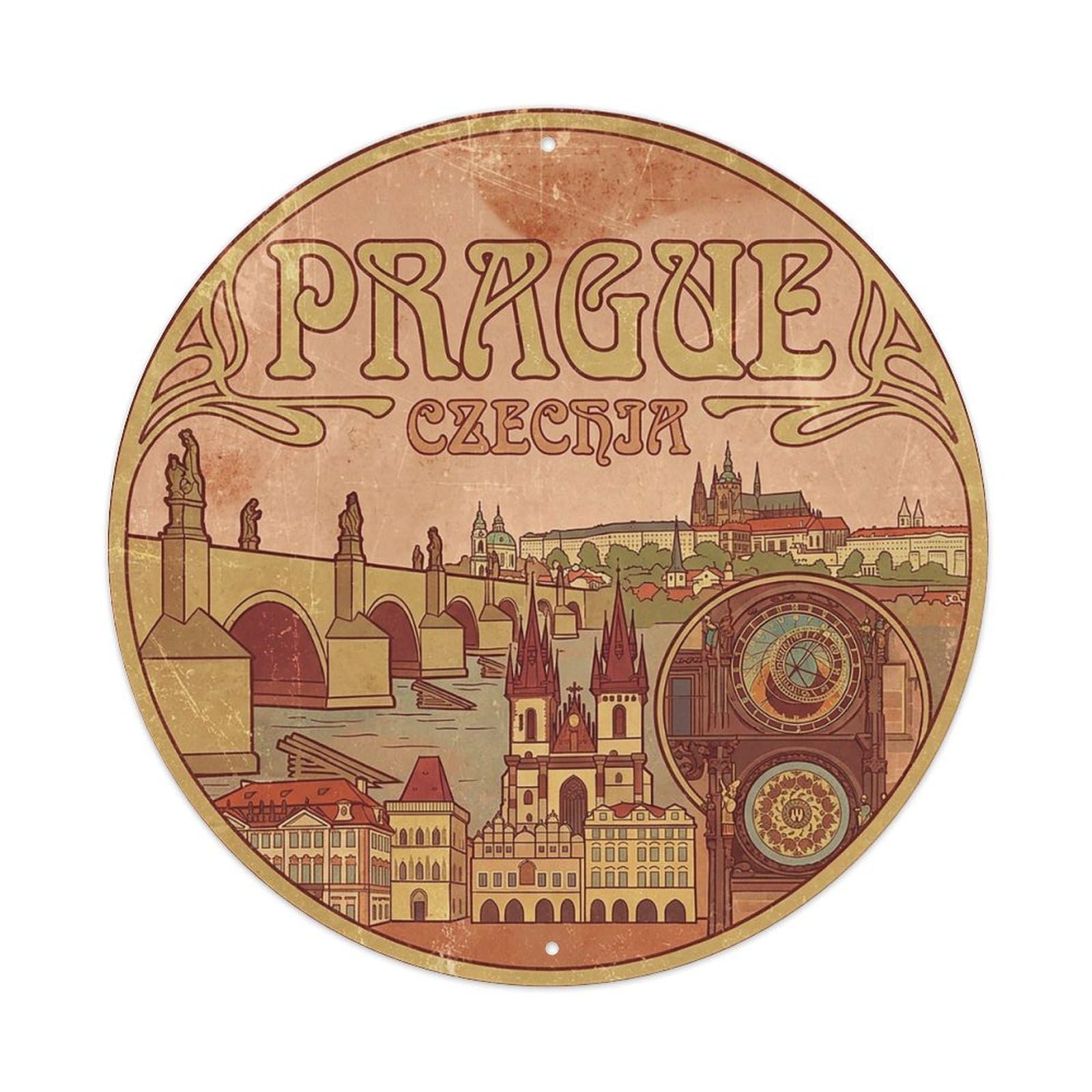 Vintage Travel Czechia Prague Vintage Metal Tin Sign Plaque Wall Decor for Cafe, Club Bar, Office, Garden Metal Poster 8x8Inch