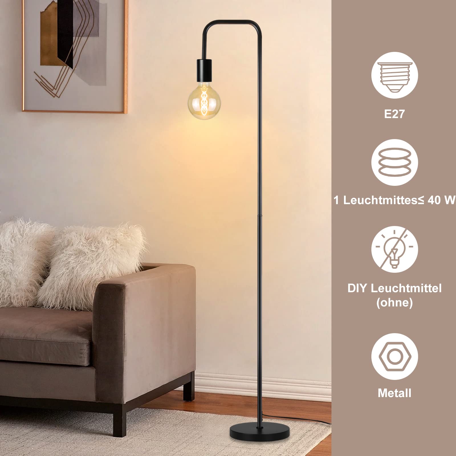 CBJKTX Lampa podłogowa Vintage do salonu - Czarna lampa podłogowa z | włącznikiem nożnym, metalowy design przemysłowy, lampa do salonu, sypialni, biura.