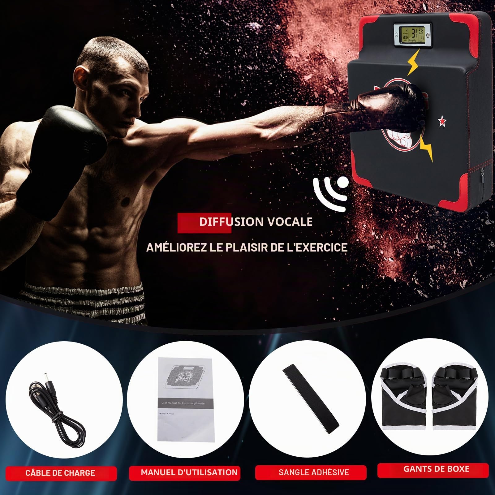 Hoteam Testeur de force de frappe avec capteur de force de frappe réglable en hauteur - Équipement d'entraînement de boxe mural - Machine de boxe pour adulte et enfant