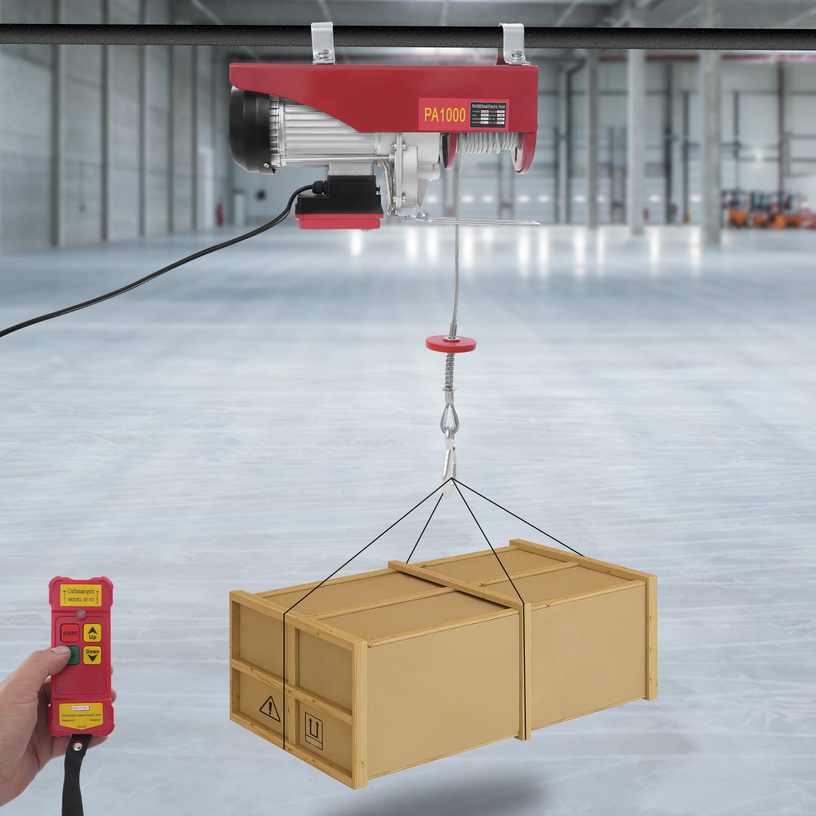 Elektrische Seilwinde 1000kg 1-/2-Seil-Modus, Hub 6/12m | Stahlseil-Zugseil, für Werkstatt, Lager, Baustelle. Inkl. 2 Hebebänder & Fernbedienung