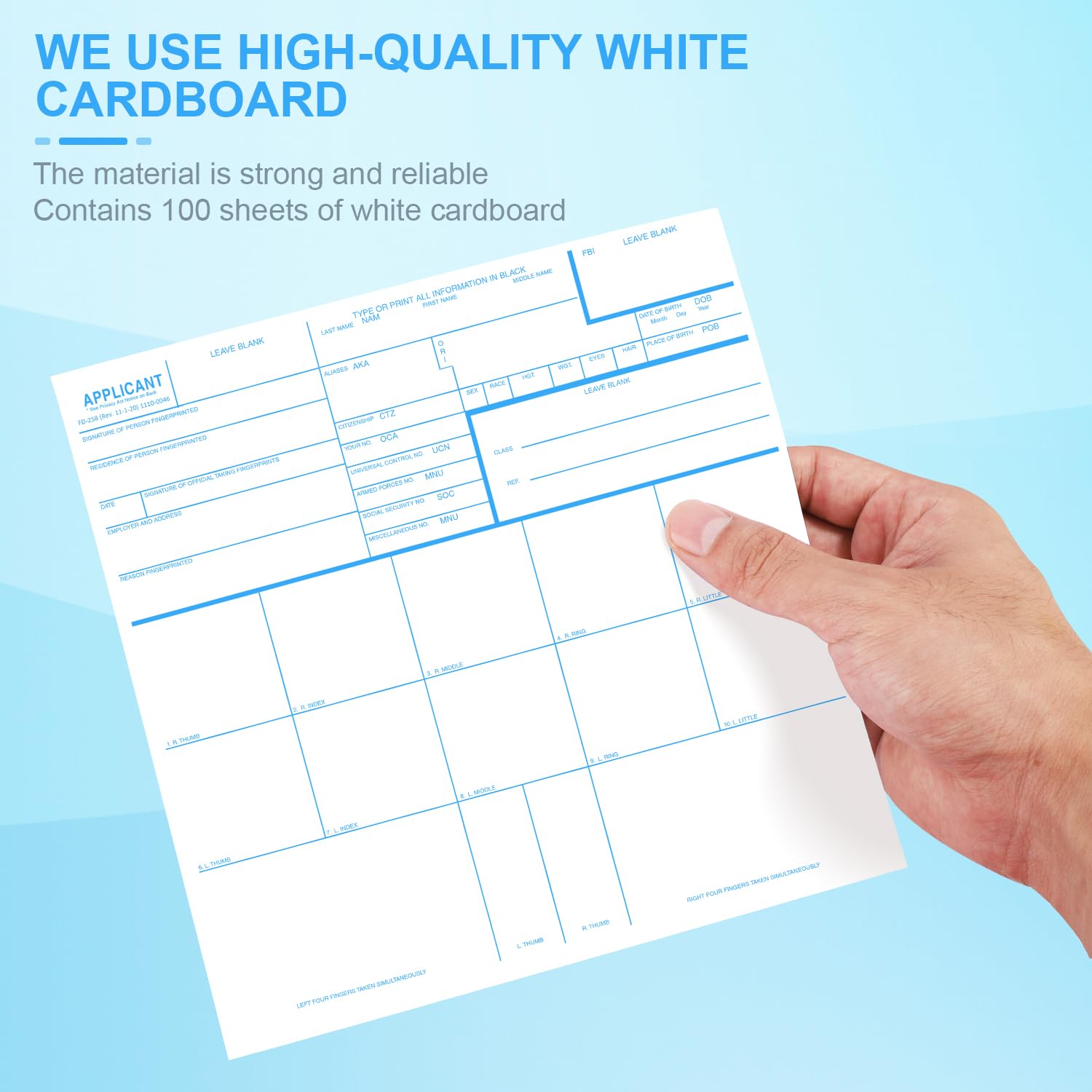 100pcs Fingerprint Cards, Premium Applicant FD-258 Finger Print Cards Rev. 11-1-20 (8.03x8.03 Inches), white, blue - Image 3