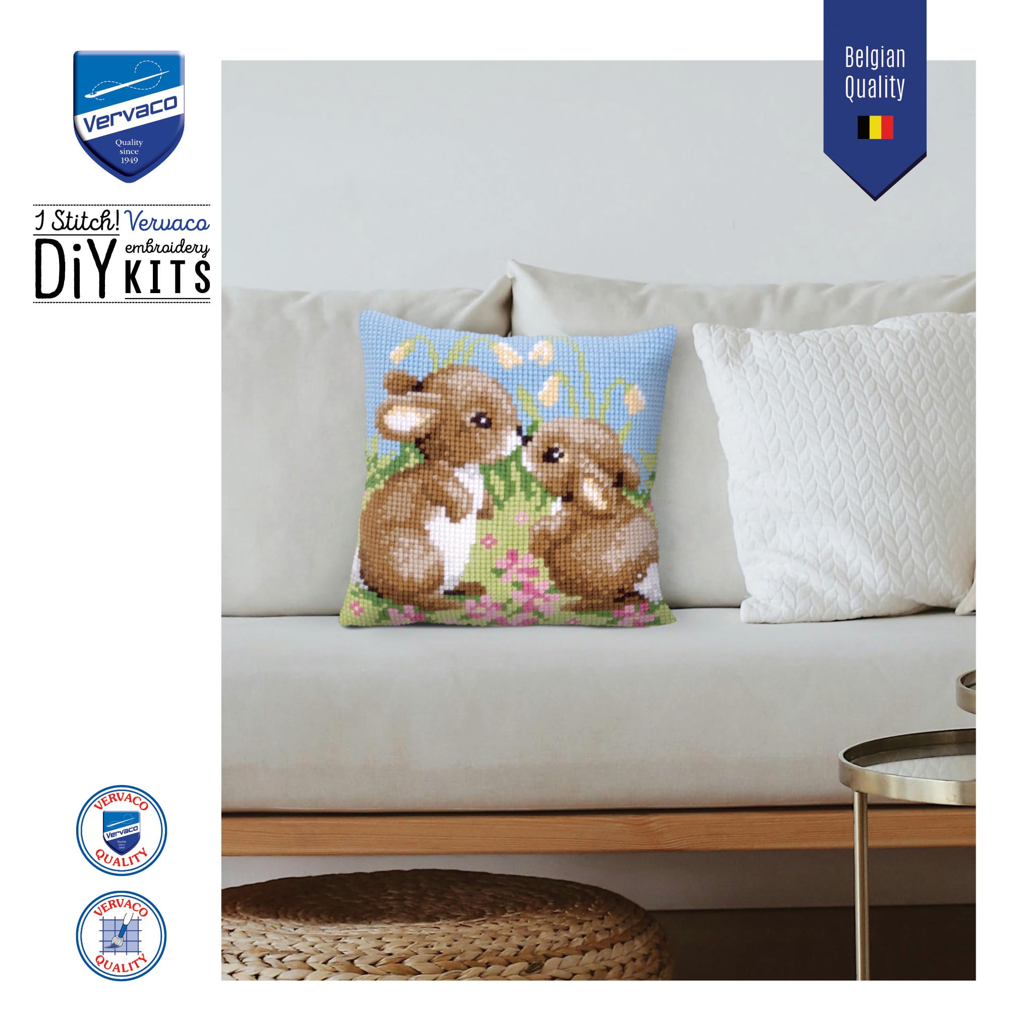 VERVACO Kit Cuscino Punto Croce Piccoli Conigli Set Ricamo Principianti Cuscini Gobelin Decorativi ca. 40 x 40 cm Accessori per Lavoretti Creativi DIY Casa Decor Hobby Adulti Cross Stitch