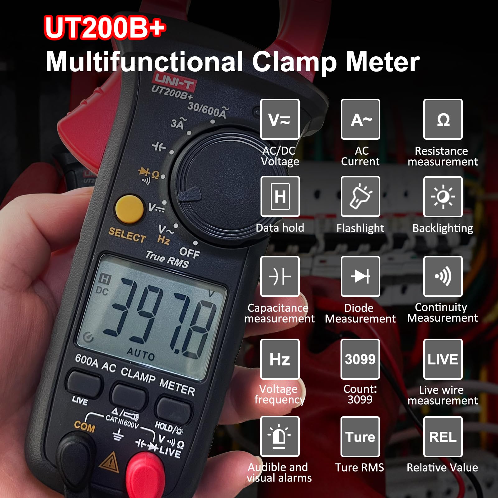 UNI-T UT200B+ Pinza Amperometrica AC, True RMS Auto-Ranging Digitale Multimetro con Rilevamento dei Fili in Tensione per Misurare Tensione AC/DC, Corrente AC, Resistenza, Diodo e Continuità