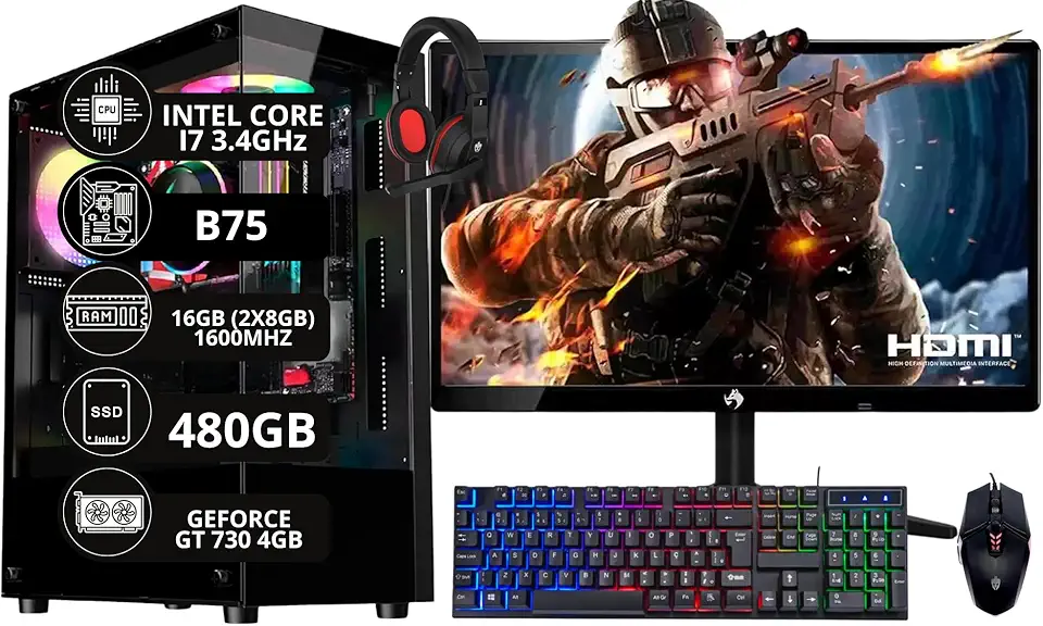 PC Gamer Completo Intel Core I7 3.4GHz 16GB DDR3 SSD 480GB Monitor 21,5" Kit Gamer - Escolha a placa de vídeo (GT 730 4GB)