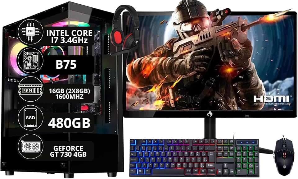 PC Gamer Completo Intel Core I7 3.4GHz 16GB DDR3 SSD 480GB Monitor 21,5" Kit Gamer - Escolha a placa de vídeo (GT 730 4GB)