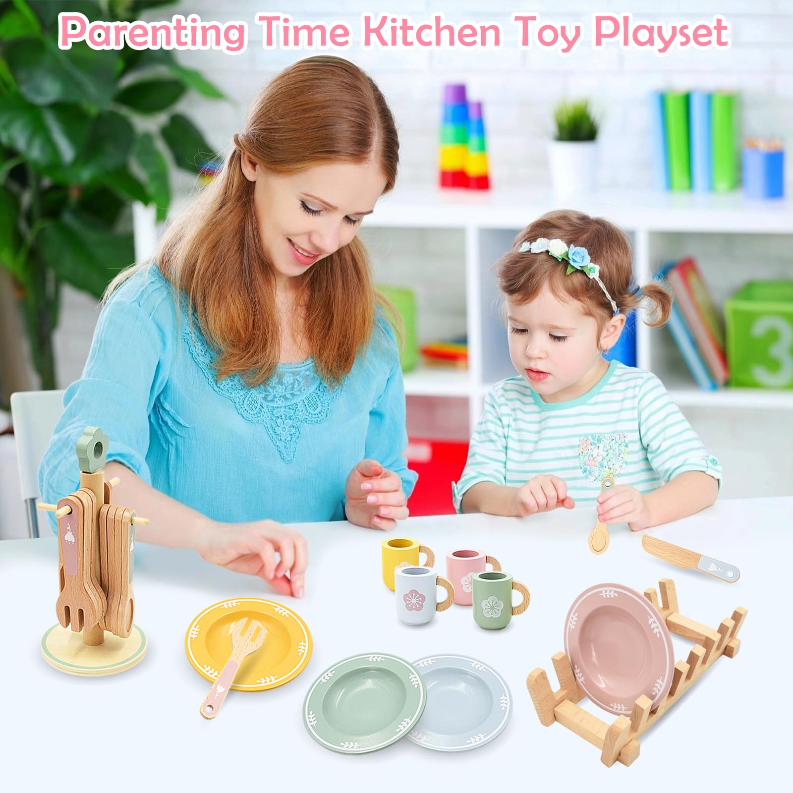 Cocina Juguete de Madera, 22 Piezas Accesorios Cocina Juguetes con Platos y Vajilla Pequeños, Juguetes de Cocina de Madera para Juegos de rol, Regalo para Niñas Niños 3+ Años