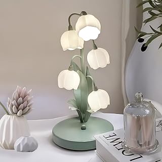 Quipzora Green Lily of the Valley Table Lamp - Vintage Bedside Light with 5 Petal Bulbs, 3 Color Modes, G4 LED for Bedroom Living Room Decor