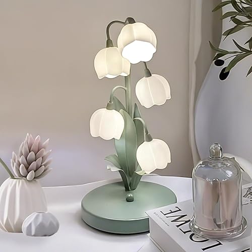 Green Flower Lamp for Home,Bedside Vintage Table Lamps,5 Lily of The Valley Reading Lights,3 Colors Modes Kawaii Bedside Lamp Decor,with G4 Bulb Nightstand Light for Living Room Office Bedroom - Green