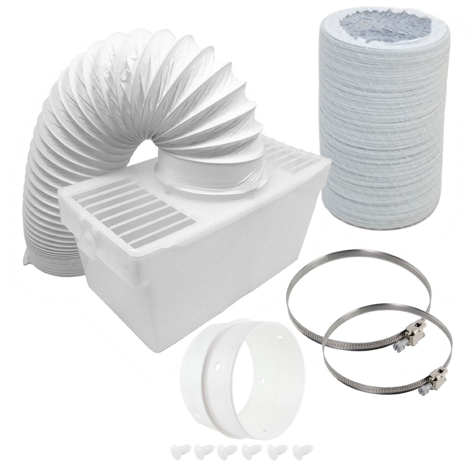 SPARES2GO Pojemnik kondensatorowy i bardzo długi zestaw węża z pierścieniem przyłączeniowym do suszarki bębnowej w kolorze białym rycerz (4 cale/100 mm średnicy)