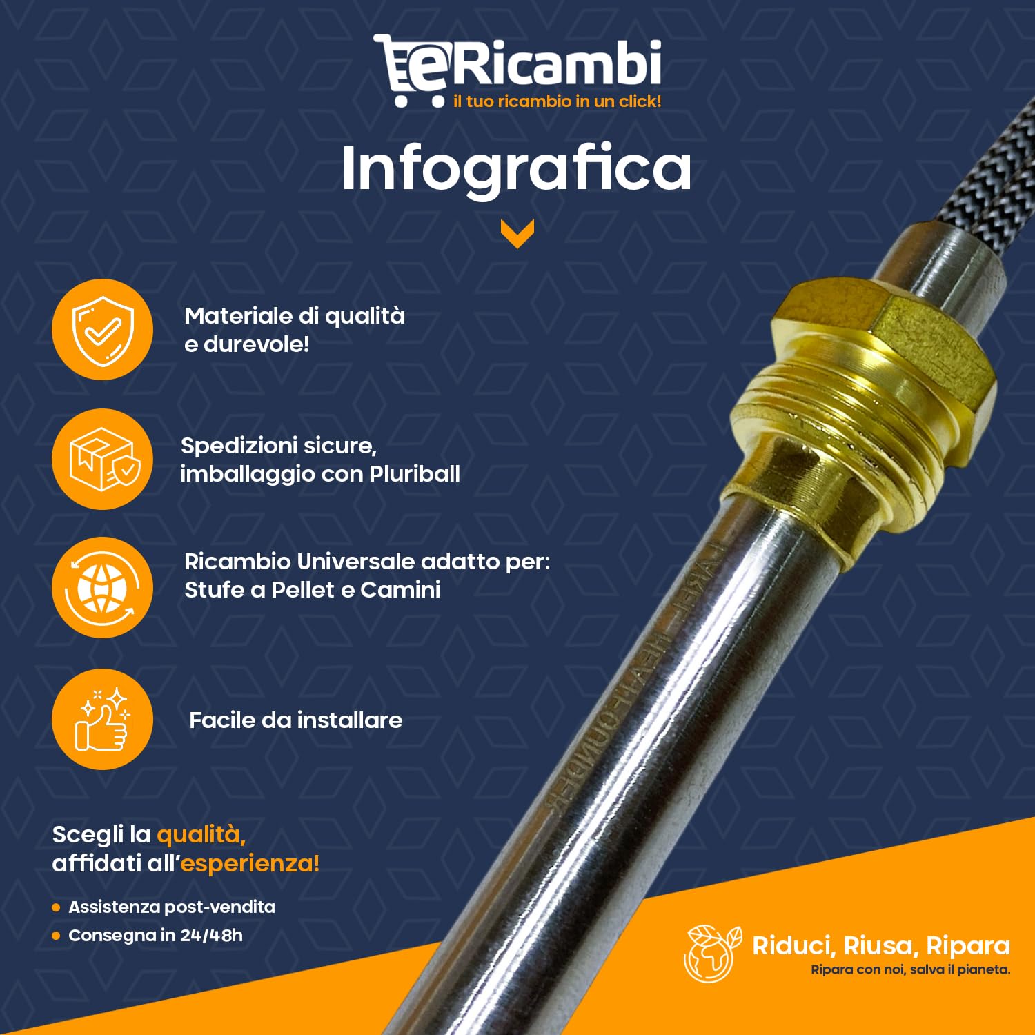 ERICAMBI®, Resistenza Candeletta Cartuccia Accensione per Stufe a Pellet HT62647 con Raccordo Filettato 3/8" Gas, Lunghezza Totale 140 mm - Potenza 270W, per Modelli Qlima Ravelli Ecoteck Adler Amg