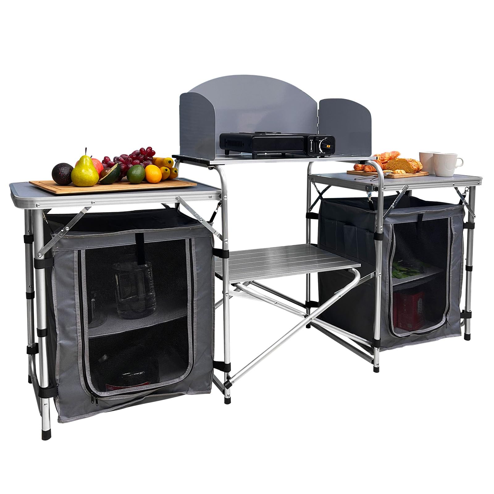 Camping Kitchen Table, Portable Aluminum Outdoor Cooking Station with 2 Storage Cupboards & Carrying Bag, Outdoor Cooking Table for BBQ Beach RV Traveling Picnic (Silver)