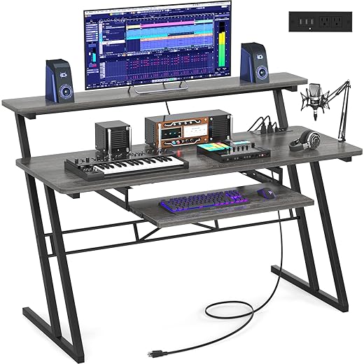 Armocity Music Studio Desk Production Workstation - Recording Studio Desk for Producer with Power Outlet, Studio Workstation for Music Recording, Home Studio Table Desk, Grey Oak