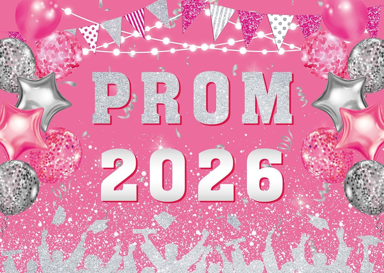 INRUI Prom 2026 Photography Backdrop Pink and Silvery Glitter Balloons Flags 2026 Prom Graduation Party Decorations Banner (10x8FT)
