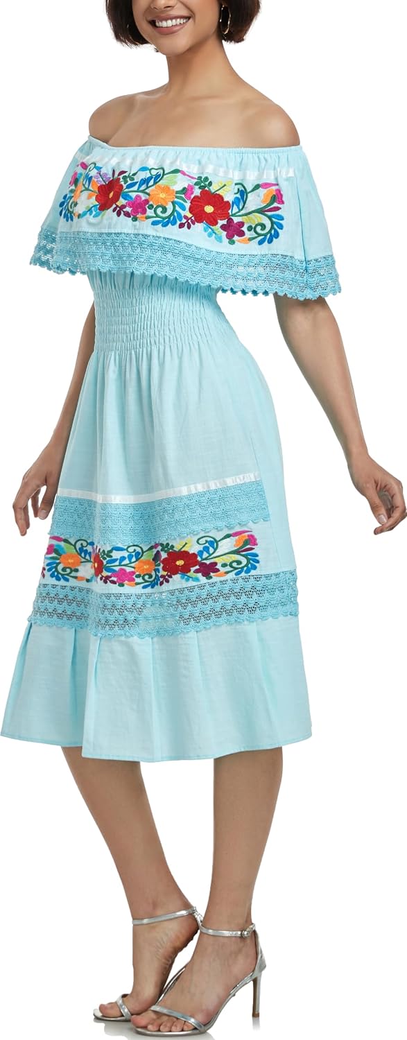 YZXDORWJ Mexican Dress for Women Embroidered Traditional Boho Theme Fiesta Floral Lace Off-Shoulder Ruffle Party Dress