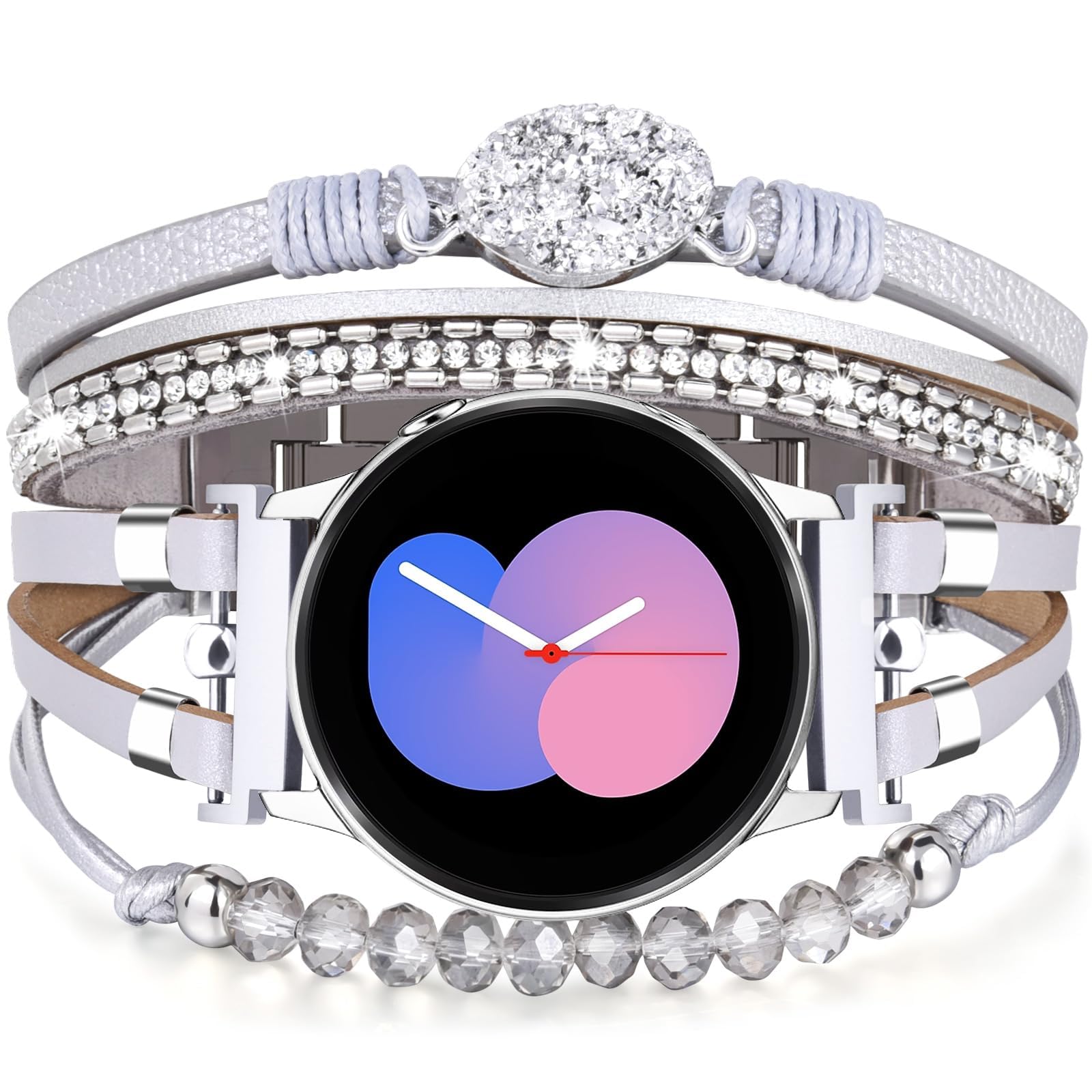 VISOOM Leather Strap Compatible with Samsung Galaxy Watch 7 6 5 4 FE Strap for Women, Cute Beaded Pearl Watch Band for Galaxy Watch 40mm 44mm/Classic 43mm 47mm 42mm 46mm/5 Pro 45mm,Silver