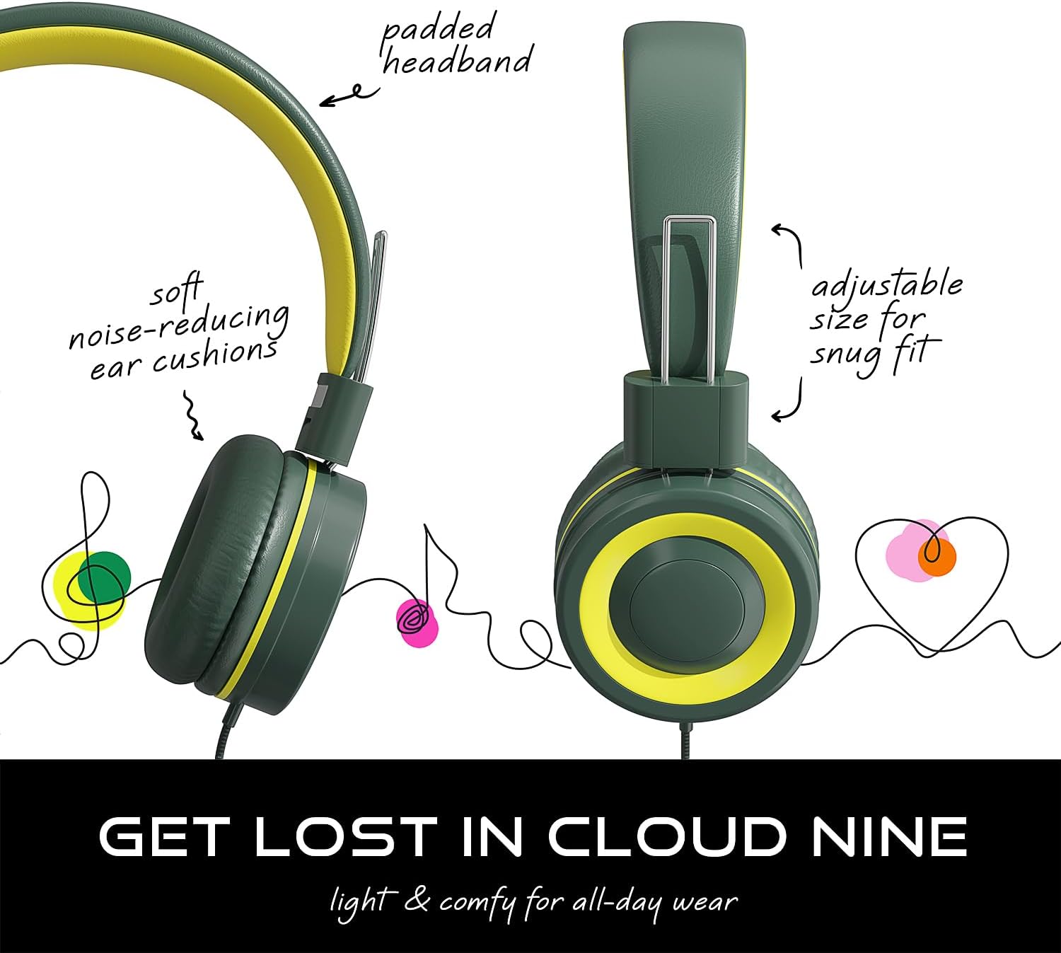 MYZI Kids Headphones with Cord, Foldable Over Ear Headphones for Kids with Microphone, Tangle-Free Wired 85dB Safe Volume Toddler Headphones for iPad, School, and Airplane – Green - Image 3