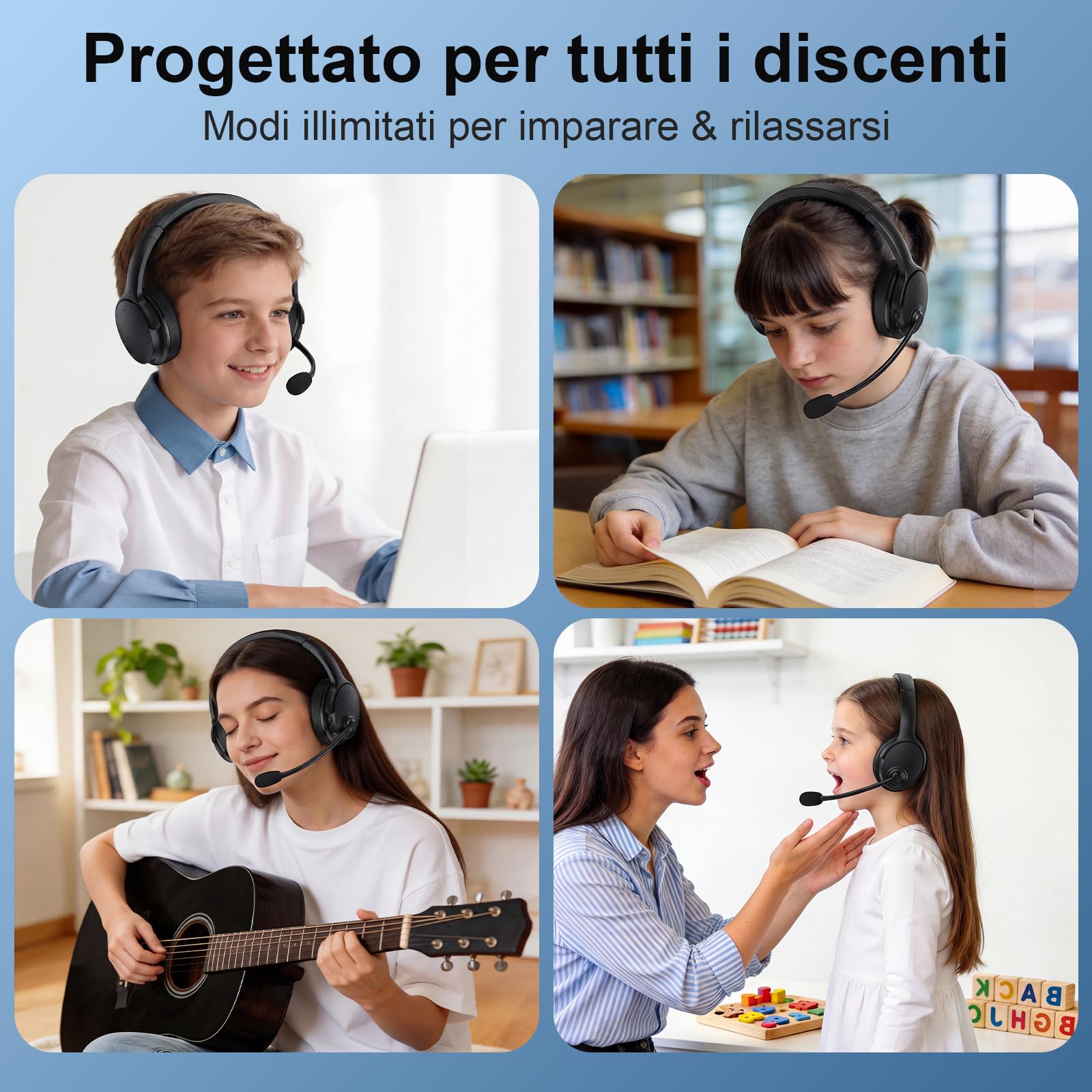 Cuffie Memory Learning, Bluetooth 5.3 con Eco in Tempo Reale per Lettura, Addestramento Lingua & Apprendimento Multisensoriale, 20H Batteria, Over-Ear Latenza Zero con Microfono per Supporto Educativo