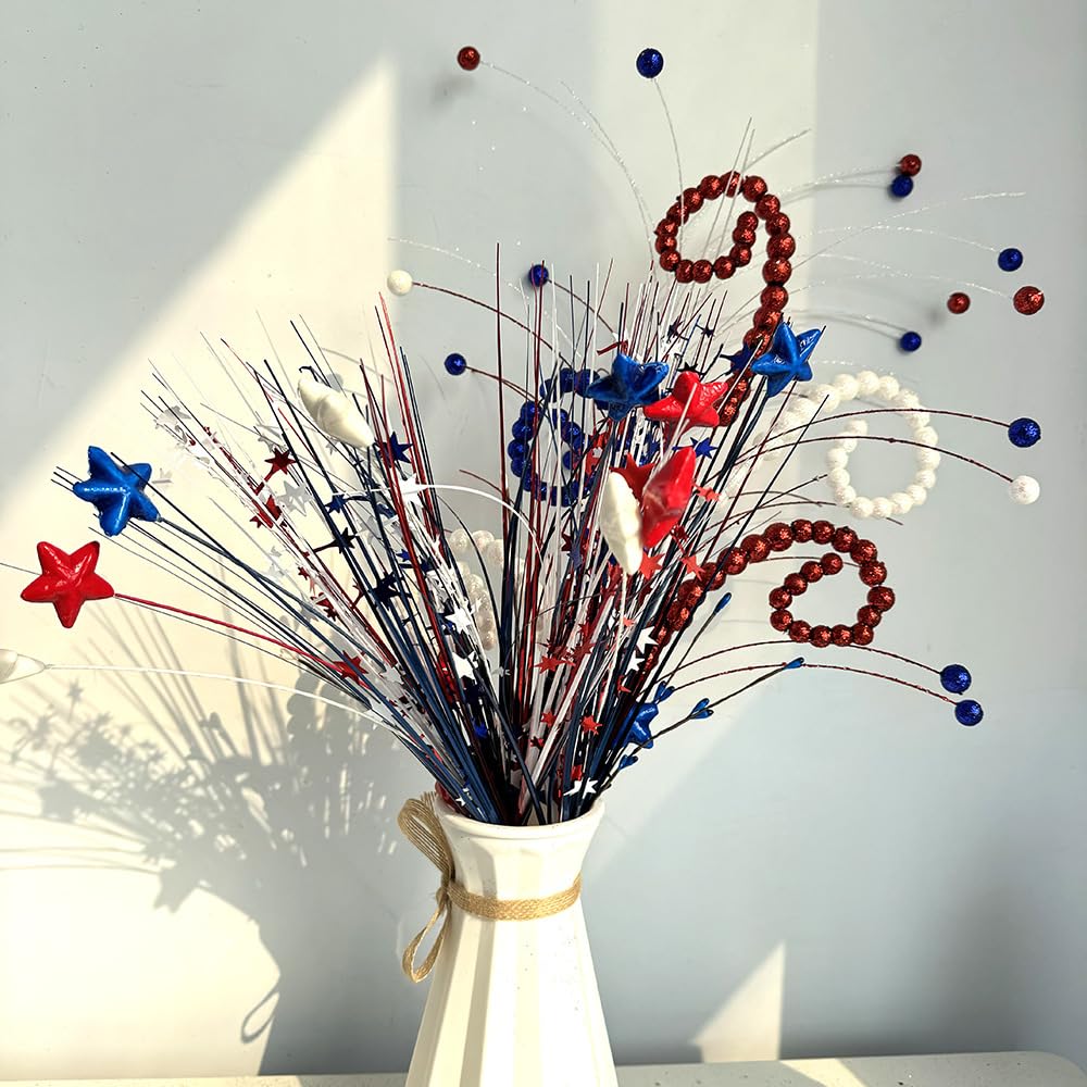LHKSER 12PCS 4th/Fourth of July Decorations Patriotic Picks Red White Blue Berry Stems Memorial Independent Day Decor for Home Vase Table Centerpieces (5)