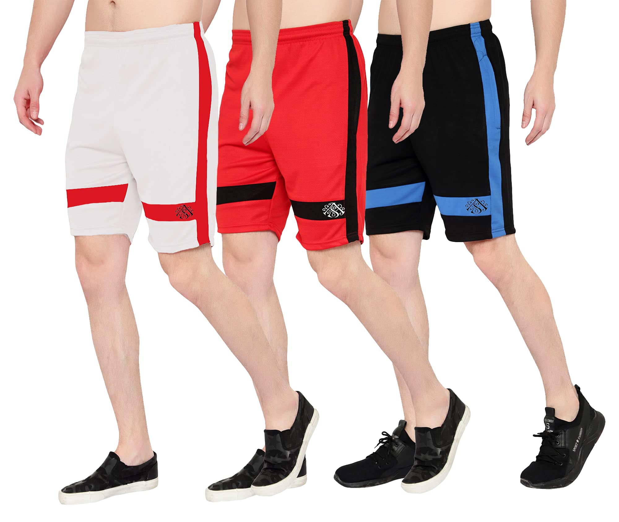 Unisex Breathable Polyester Running Sports Gym Shorts Pack of 3 (White, Red, Navy, 34)-image-24
